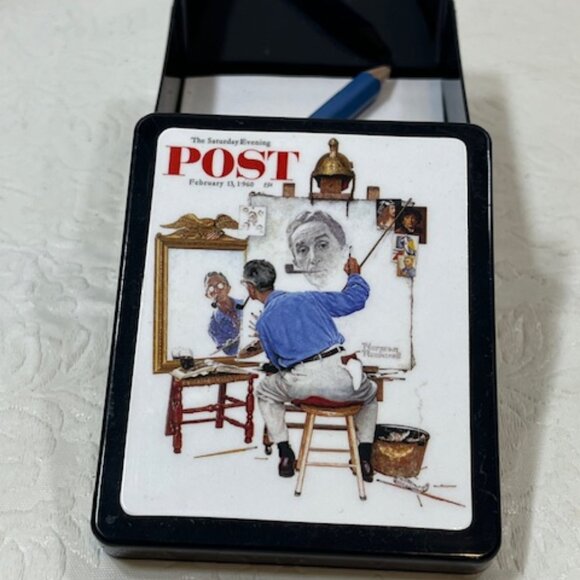 VTG Norman Rockwell Triple Self-Portrait Plastic Box w/Paper & Pencil 2.5"x3.25" - Picture 4 of 12